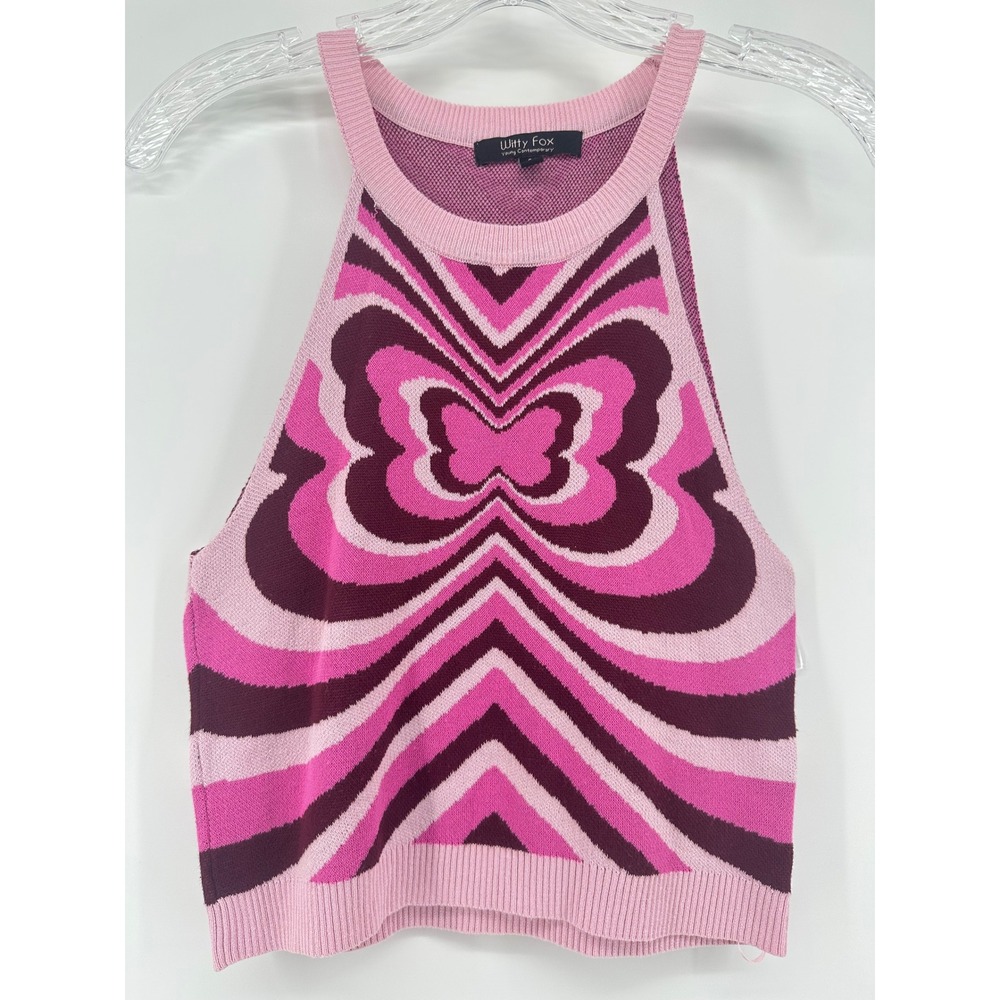 Witty Fox Pink Purple Butterfly Knit Halter Tank Top Sleeveless Small Y2K Style